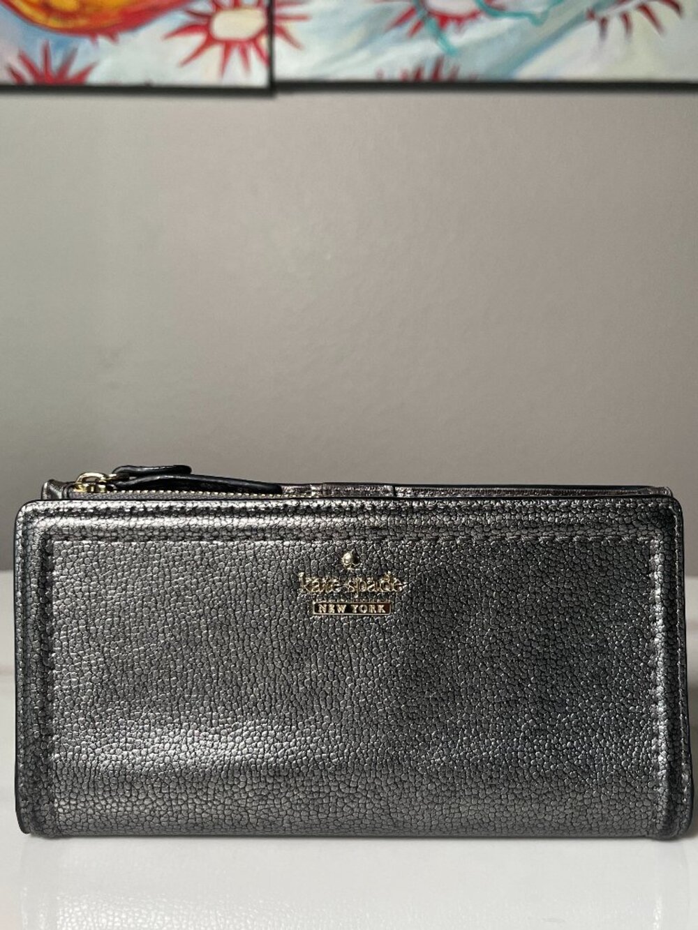 Kate Spade New York Metallic Pebbled Gunmetal Leather Wallet